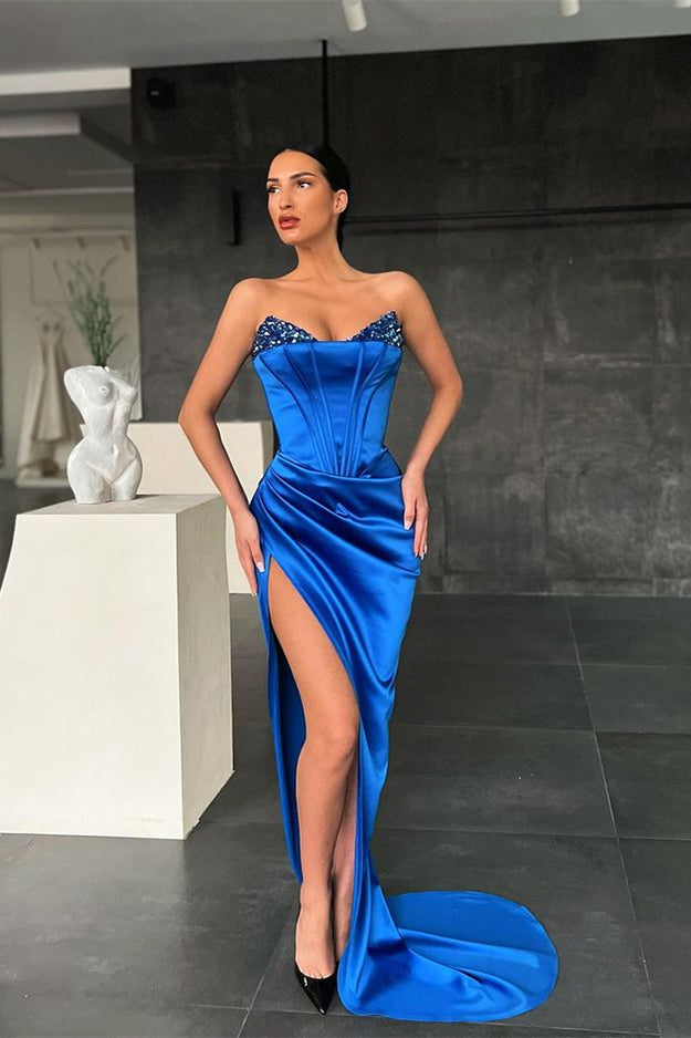 Royal Blue Mermaid Long Sweetheart Satin Evening Dress with Split