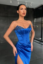 Royal Blue Mermaid Long Sweetheart Satin Evening Dresses with Split