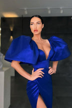 Royal Blue Long Satin Mermaid Front Slit Prom Dress with Sleeves
