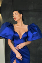 Royal Blue Long Satin Mermaid Front Slit Prom Dress with Sleeves