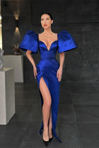 Royal Blue Long Satin Mermaid Front Slit Prom Dress with Sleeves