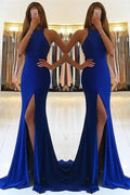 Vestido Largo Formal de Sirena en Satén Azul Real con Abertura