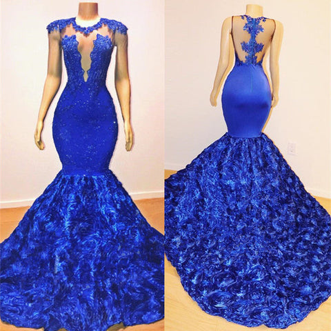 Königsblaues Meerjungfrau Sexy Blumen Ärmelloses transparentes Abendkleid 