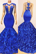 Abito da sera senza maniche trasparente sirena sexy fiori blu reale