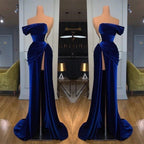 Royal Blue Off the shoulder Long Mermaid Velvet Prom Evening Dress with Split
