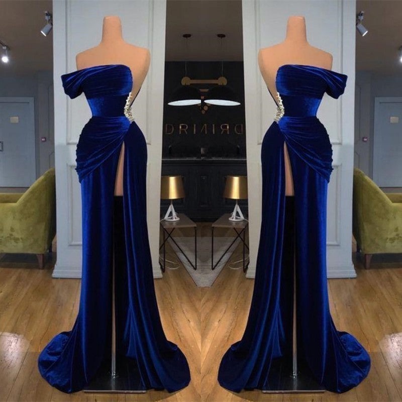 Royal Blue Off the shoulder Long Mermaid Velvet Prom Evening Dress with Split