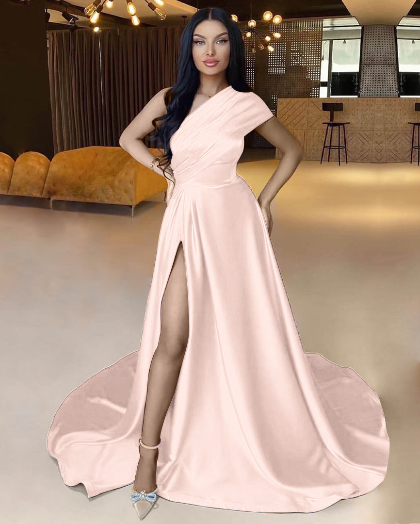 Royal Blue Long One Shoulder A-Line Satin Evening Dress with Split