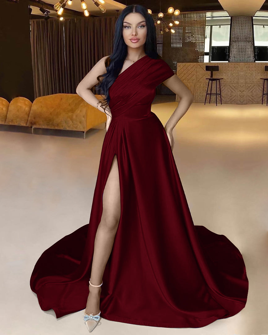 Royal Blue Long One Shoulder A-Line Satin Evening Dress with Split