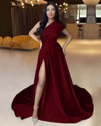 Royal Blue Long One Shoulder A-Line Satin Evening Dress with Split