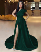 Royal Blue Long One Shoulder A-Line Satin Evening Dress with Split