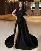 Royal Blue Long One Shoulder A-Line Satin Evening Dress with Split