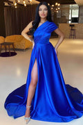 Vestido de Noche de Satin Azul Real Largo Asimétrico con Abertura en Línea A