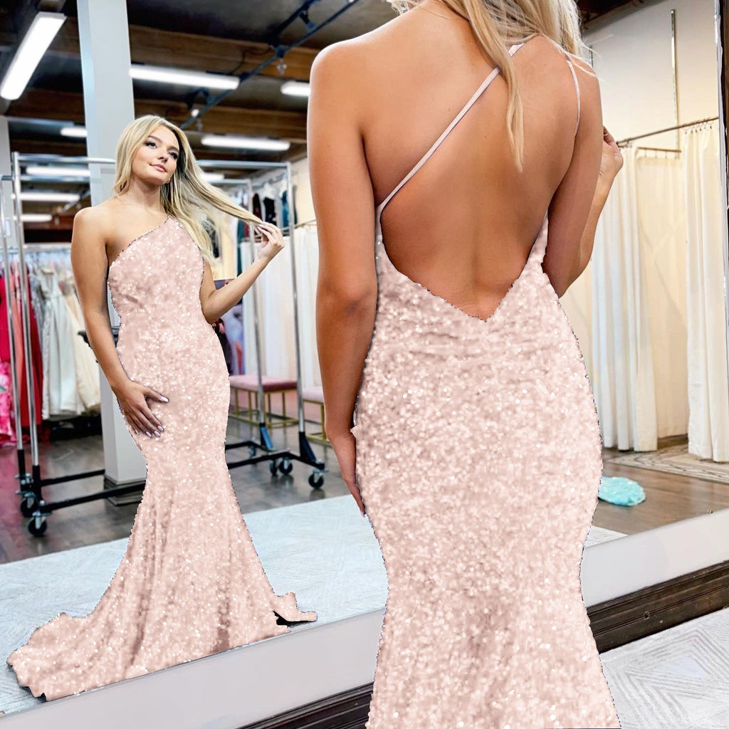 Vestido de festa comprido azul royal com um ombro só e lantejoulas, sereia, costas abertas