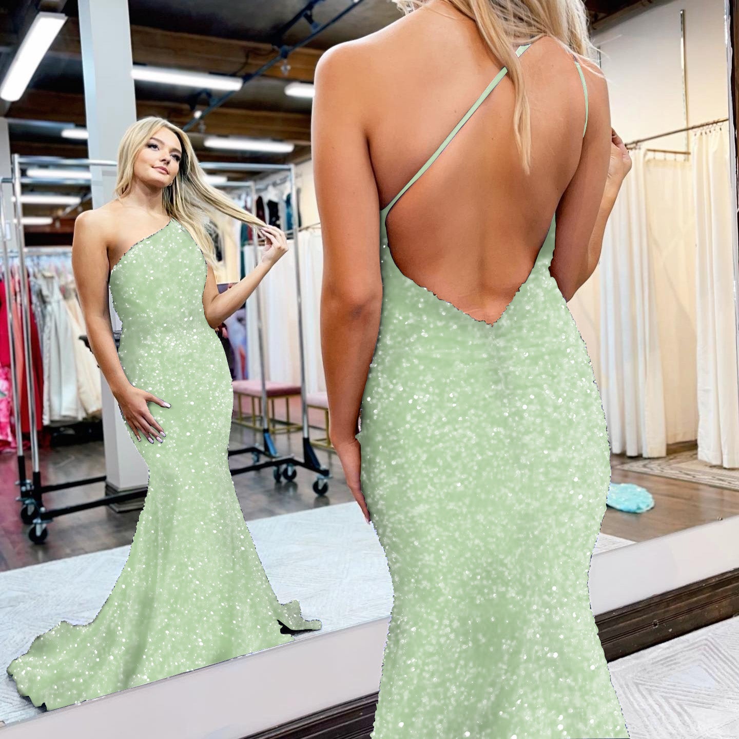 Vestido de festa comprido azul royal com um ombro só e lantejoulas, sereia, costas abertas