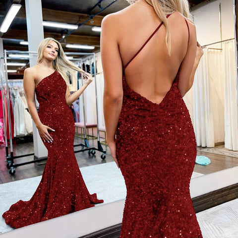 Royal Blue One Shoulder Long Sequined Mermaid Open Back Prom Dress
