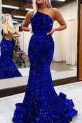 Vestido de Gala Largo de Sirena con Lentejuelas en Azul Real, Espalda Abierta y un Solo Hombro