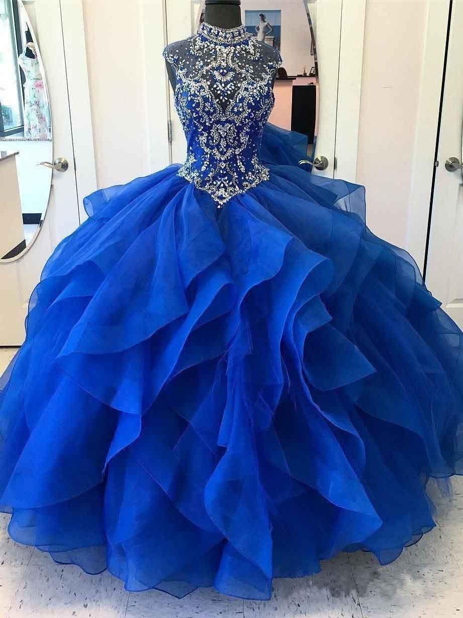 Vestidos de festa de 15 anos em organza azul royal com gola alta PG726