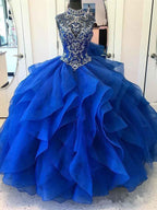Vestidos de festa de 15 anos em organza azul royal com gola alta PG726