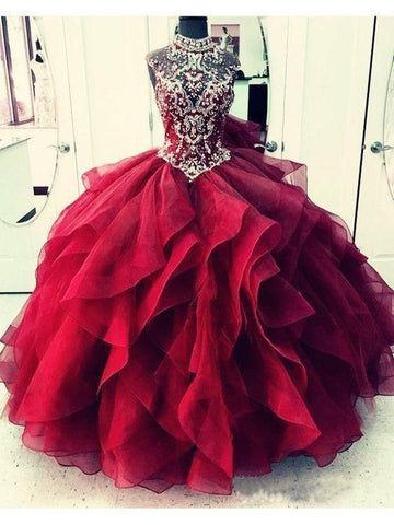 Königsblaues Organza-Hochhals-Quinceanera-Kleid, Ballkleid PG726