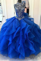 Vestidos de festa de 15 anos em organza azul royal com gola alta PG726