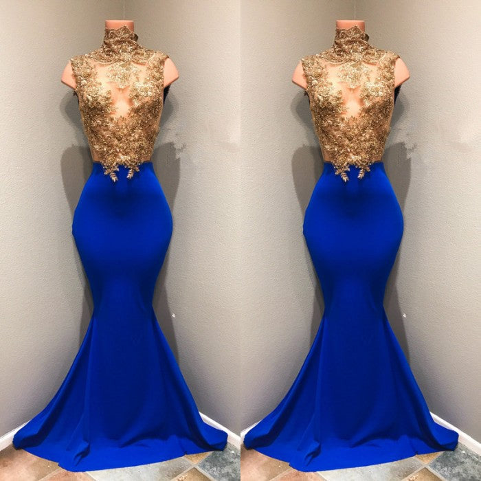 Royal-blue Prom Dress Lace Appliques Evening Dress