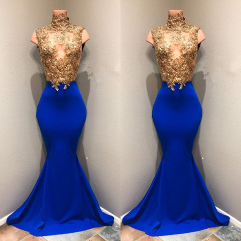 Königsblaues Ballkleid mit Spitzenapplikationen 
