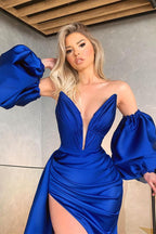 Royal Blue Long V-neck Satin Removable Sleeves Mermaid Prom Dress with Slit