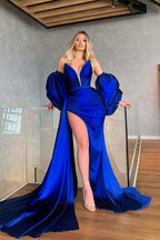 Royal Blue Long V-neck Satin Removable Sleeves Mermaid Prom Dress with Slit
