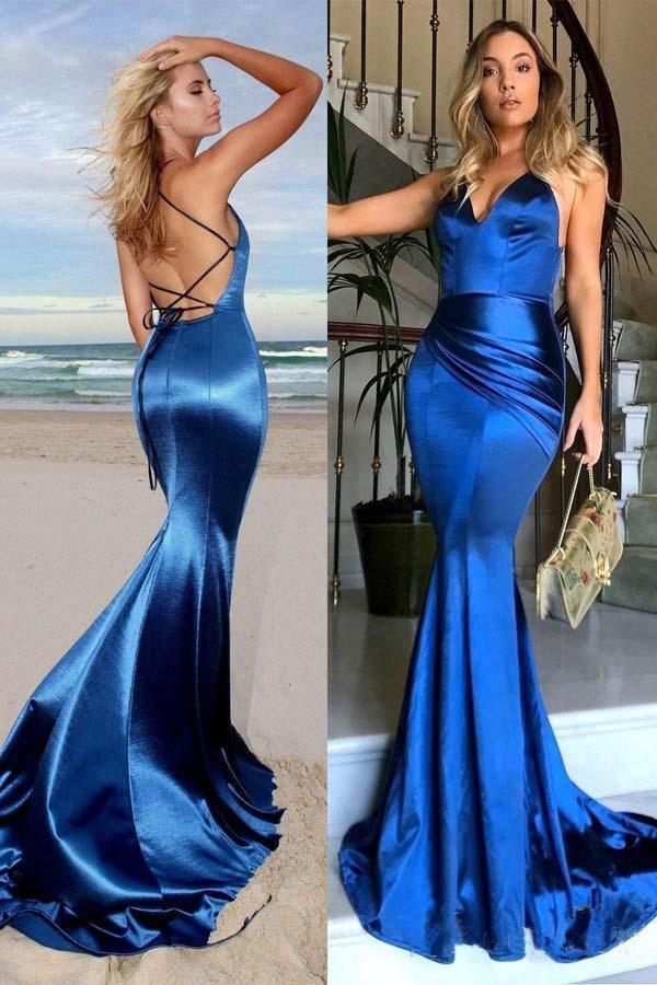Vestidos de festa/formais compridos em cetim azul royal, sem costas, estilo sereia, PG769