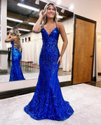 Royal Blue Sequin V Neck Backless Long Mermaid Evening Dress