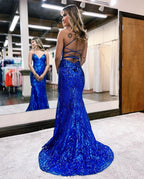 Royal Blue Sequin V Neck Backless Long Mermaid Evening Dress