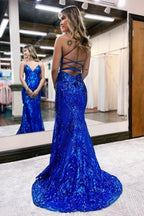 Royal Blue Sequin V Neck Backless Long Mermaid Evening Dress