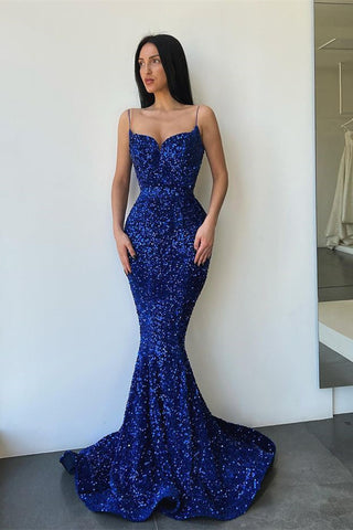 Royal Blue Sweetheart Spaghetti Strap Long Mermaid Prom Dress with Sequins