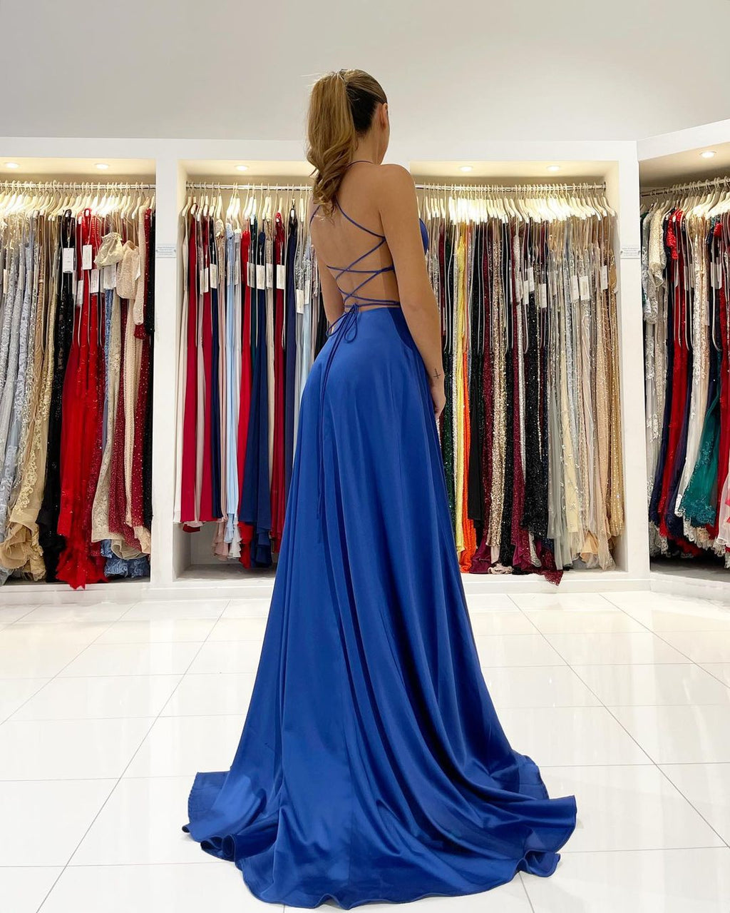 Royal Blue Long A-line Spaghetti Strap V-Neck Satin Prom Dress with Slit
