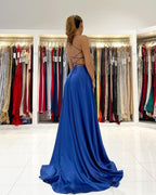 Royal Blue Long A-line Spaghetti Strap V-Neck Satin Prom Dress with Slit