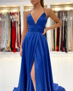 Royal Blue Long A-line Spaghetti Strap V-Neck Satin Prom Dress with Slit
