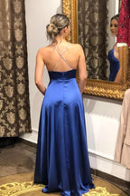 Royal Blue Long A-line Spaghetti Straps Satin Open Back Prom Dress with Split