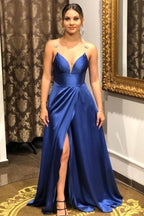 Royal Blue Long A-line Spaghetti Straps Satin Open Back Prom Dress with Split