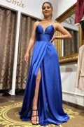 Vestido de Gala Largo en Azul Real con Tirantes Espagueti, Corte A-line, Espalda Abierta y Abertura Lateral en Seda Satinada