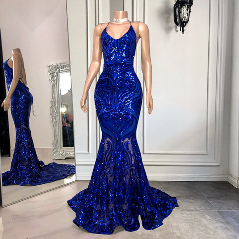 Royal Blue Spaghetti Straps Mermaid Long Evening Dress with Sequins