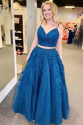 Abito da Cerimonia/Formale Due Pezzi con Applicazioni in Tulle Brillante Blu Reale  PSK095