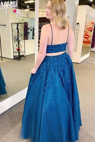 Vestido de festa/formal de duas peças com aplicações de tule azul royal PSK095
