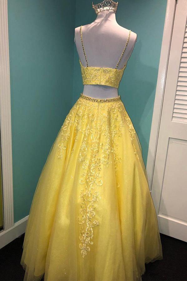 Vestido de festa/formal de duas peças com aplicações de tule azul royal PSK095