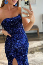 Royal Blue Long Strapless Mermaid Prom Dress Split with Sequins