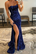 Vestido de Noche Largo Real Azul Sin Tirantes Tipo Sirena con Abertura y Lentejuelas