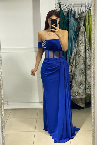Königsblaues trägerloses, schulterfreies, langes Meerjungfrau-Abendkleid