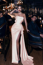 Burgundy Long Strapless Mermaid Satin Evening Dress with Split