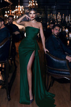 Burgundy Long Strapless Mermaid Satin Evening Dress with Split