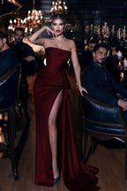 Burgundy Long Strapless Mermaid Satin Evening Dress with Split