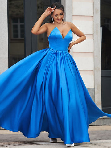 Royal Blue A-line V-Neck Long Satin Evening Prom Dress
